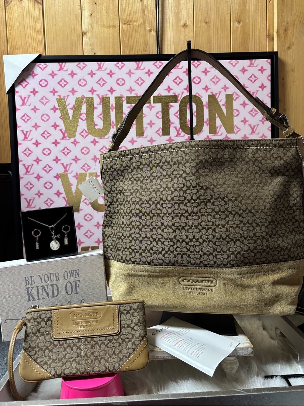 Coach NWT vintage Y2K Brown Signature Canvas Hobo suede bag bundle